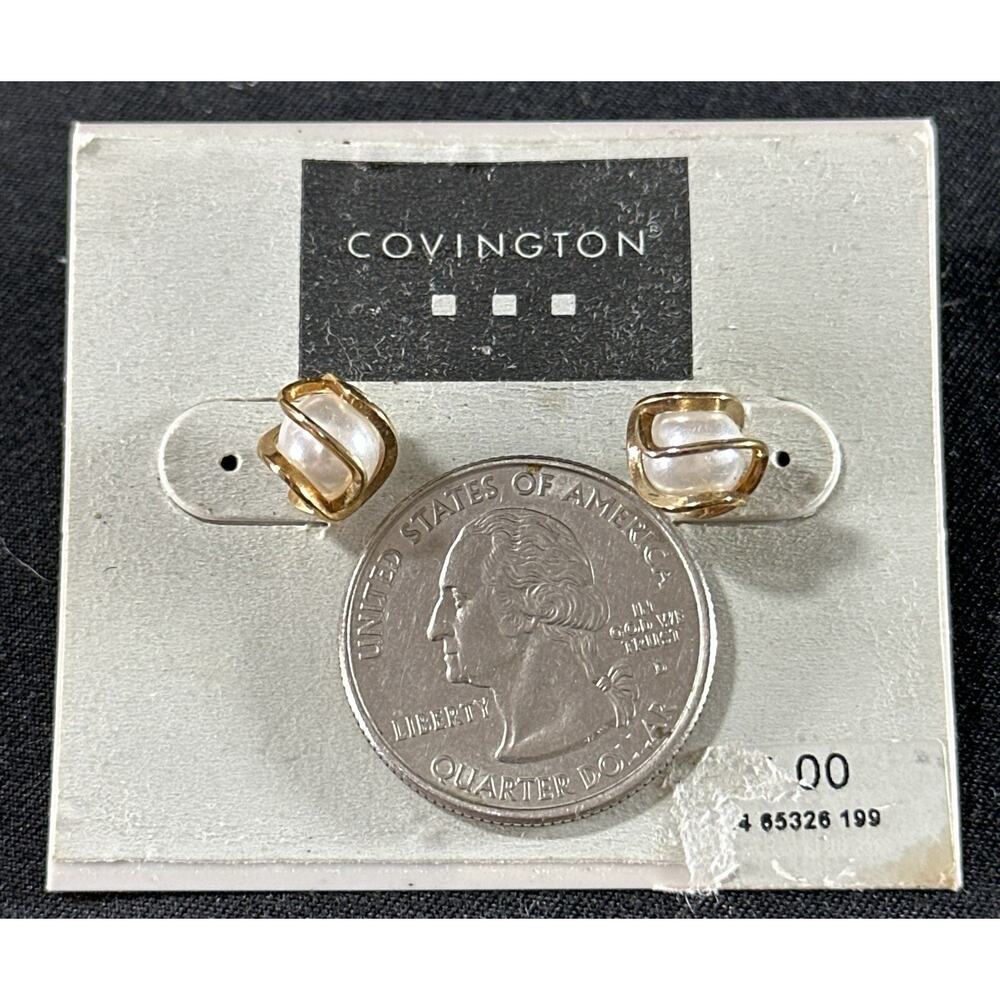Vintage Covington Faux Pearl Stud Earrings with Gold-Tone Swirl Setting – NWT - Picture 6 of 6